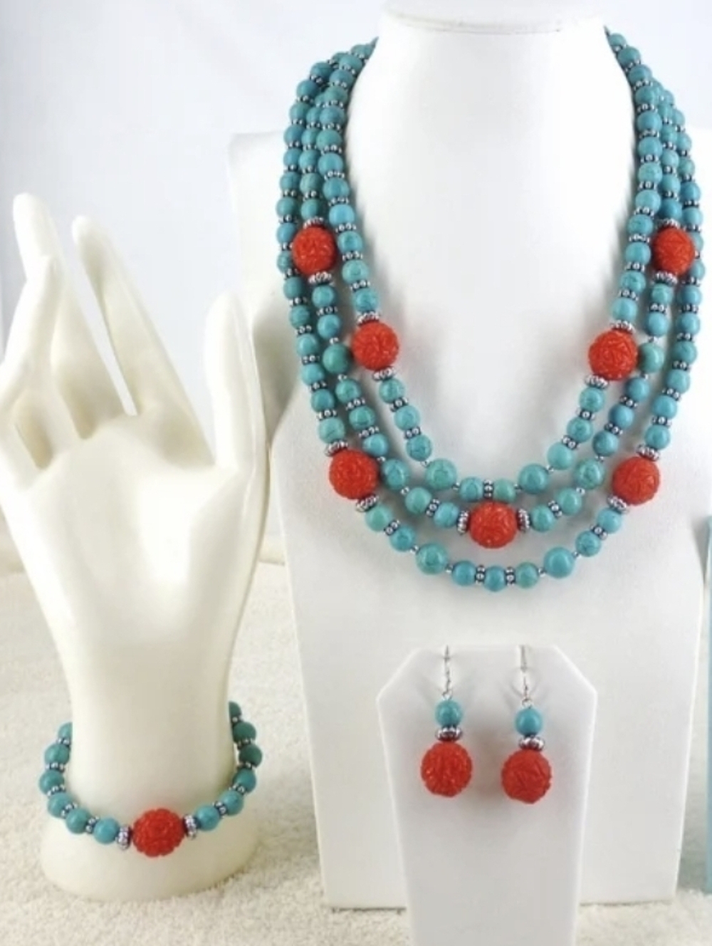 Turquoise & Coral (Faux) Layered Bead Necklace Set